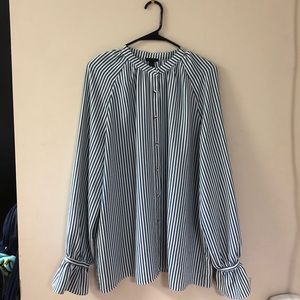 Ann Taylor Blouse, Dark Teal and Ivory Striped, Mandarin Collar, Ruffle Sleeves
